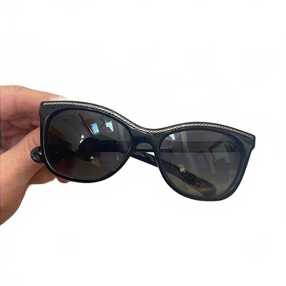 Chanel 6041 Quilted Cat Eye Sunglasses Womens Polarized Black + Silver